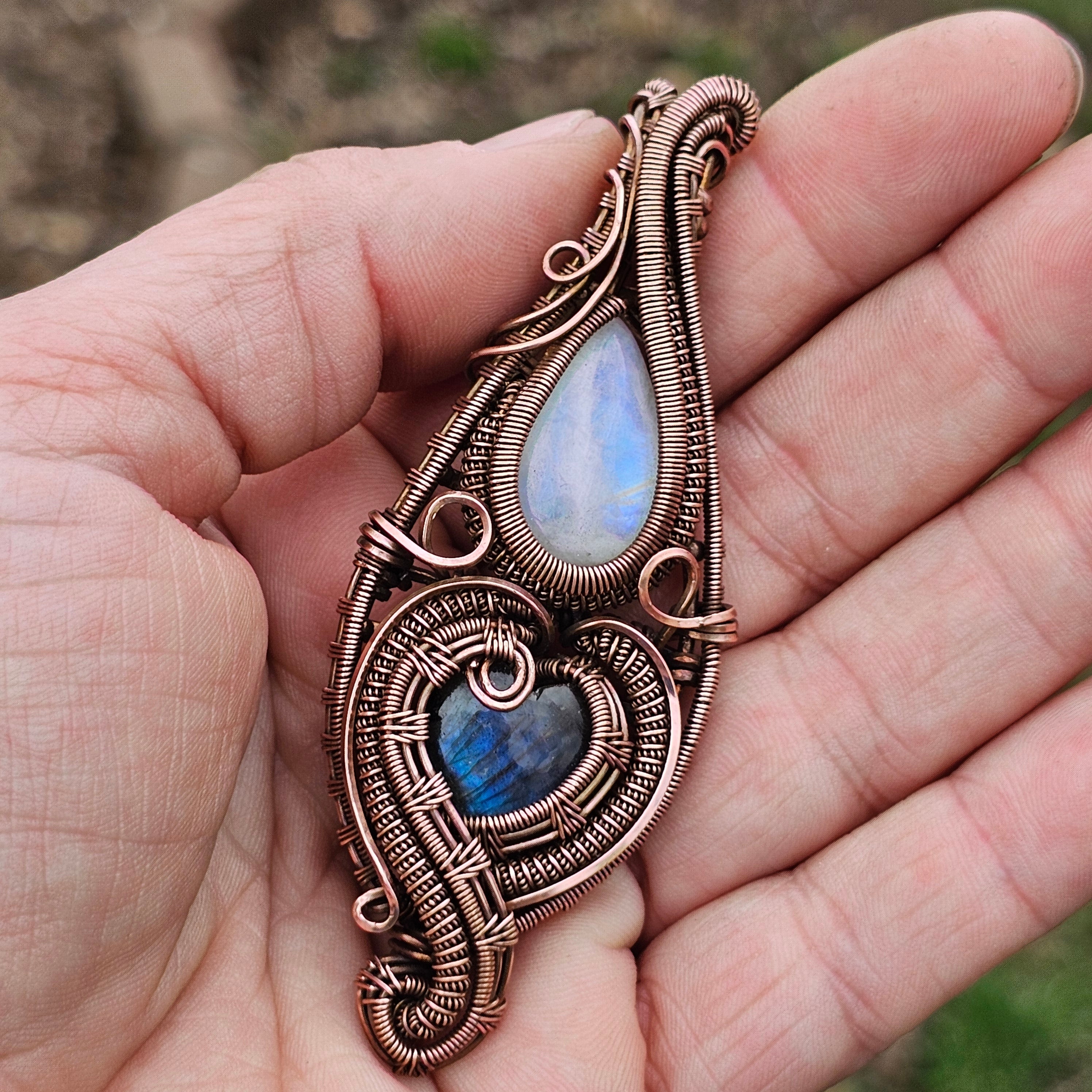 Orelis- RainbowMoonstone, Labradorite and copper pendant necklace