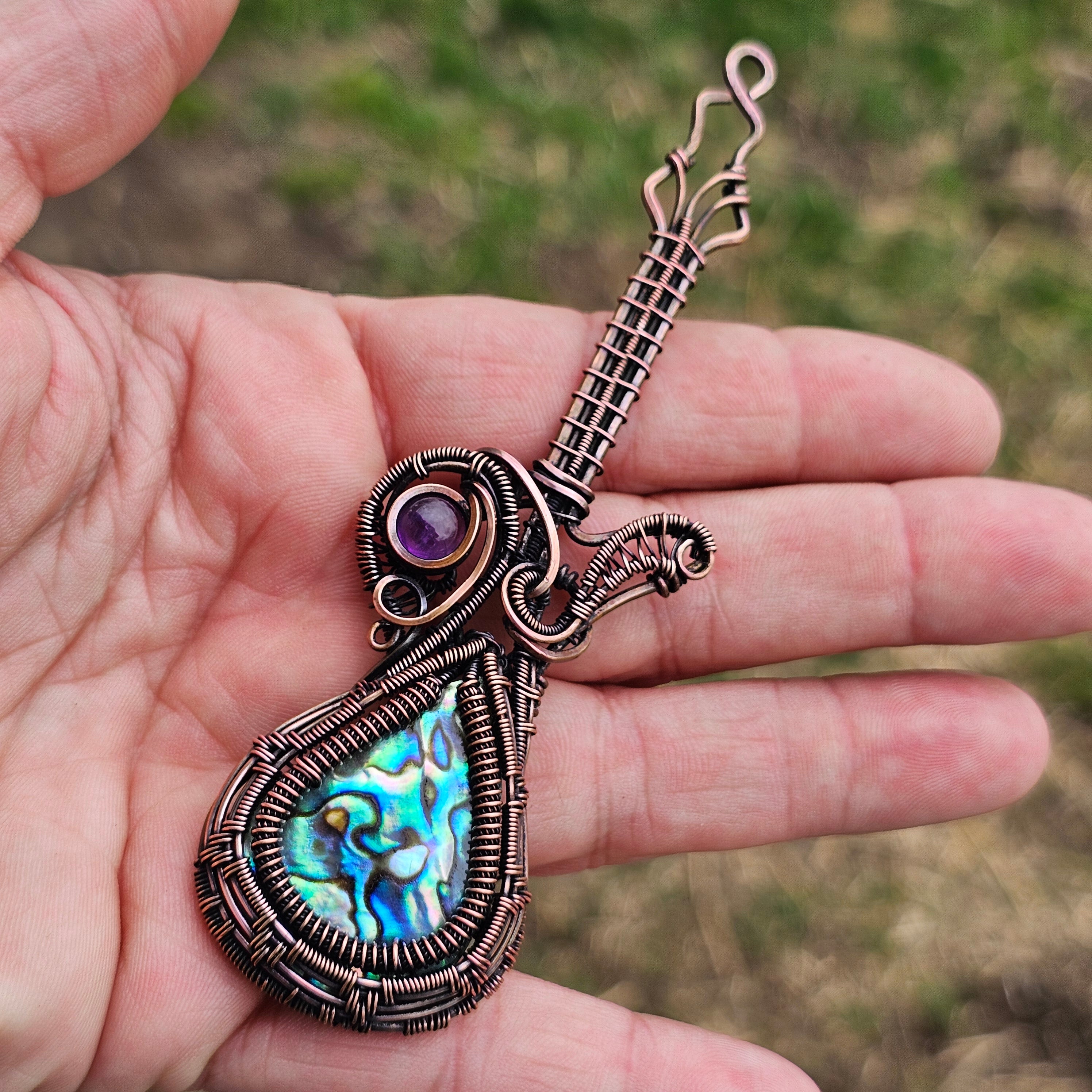 Abalone shell Amethyst guitar pendant necklace