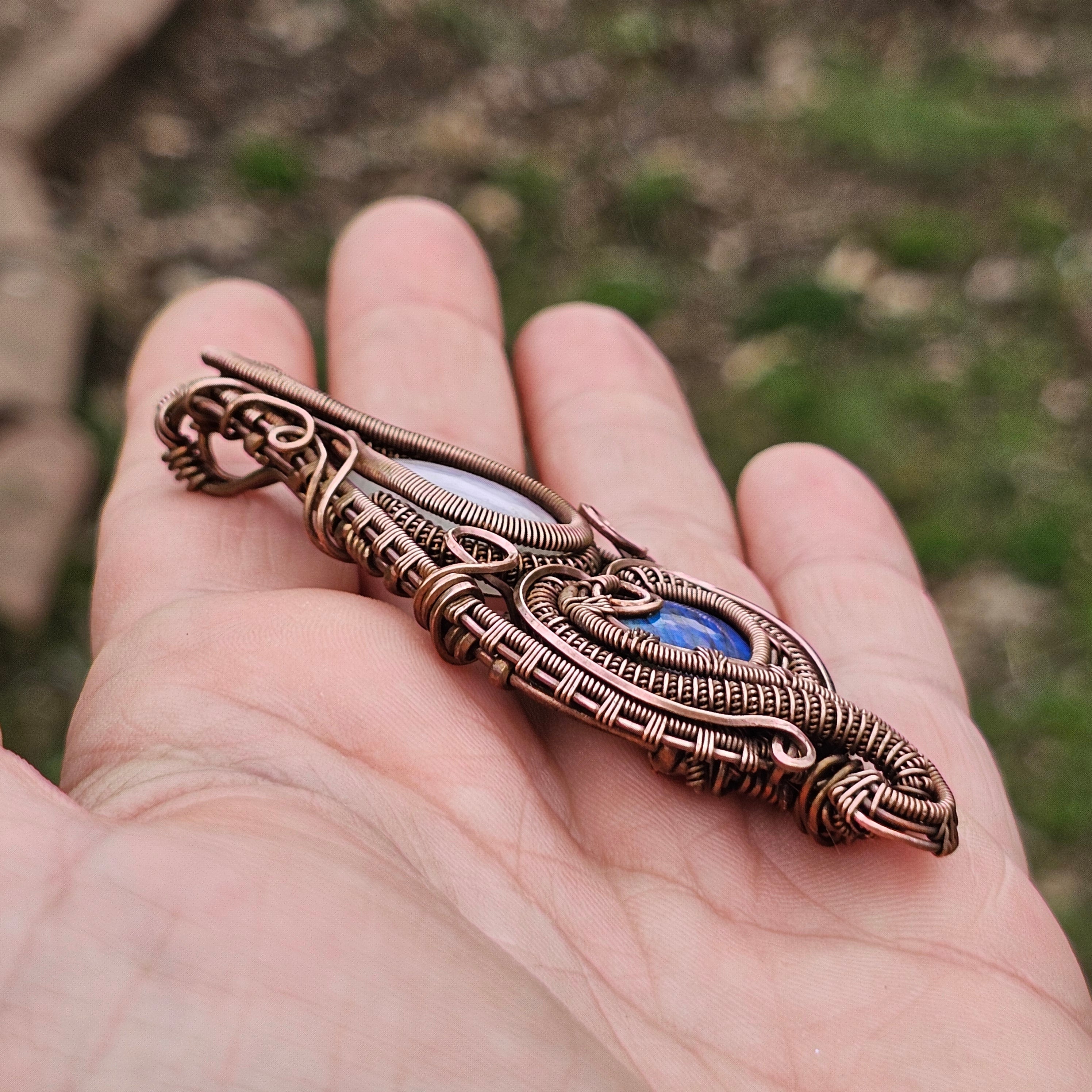 Orelis- RainbowMoonstone, Labradorite and copper pendant necklace